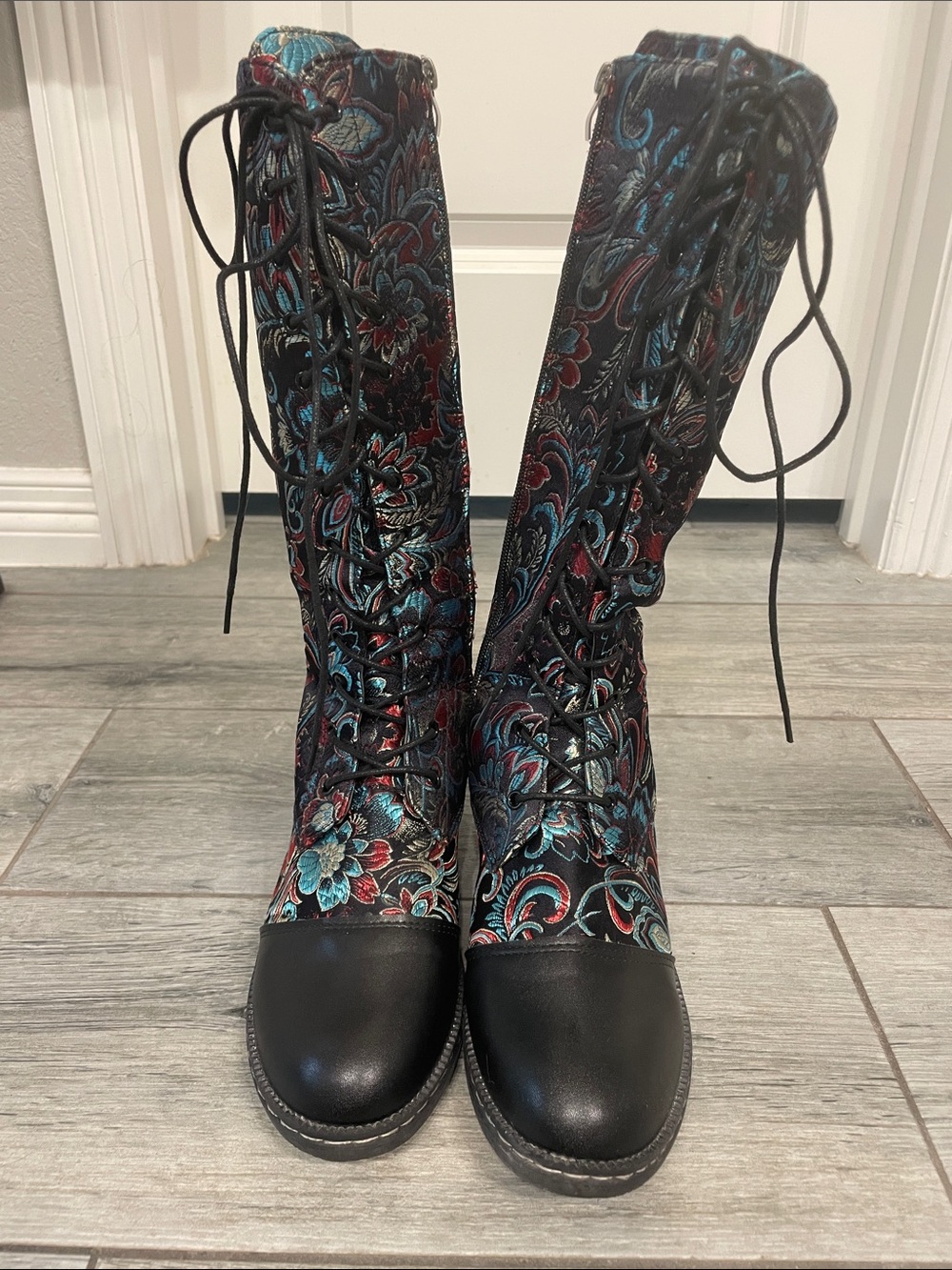 Embroidered Lace-Up Knee Boots in Black & Teal